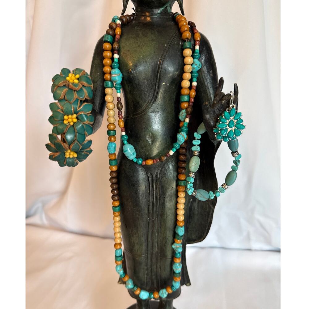 Boho Coastal Jewelry Bundle – Faux Turquoise, Wooden Beads & Leather Accents